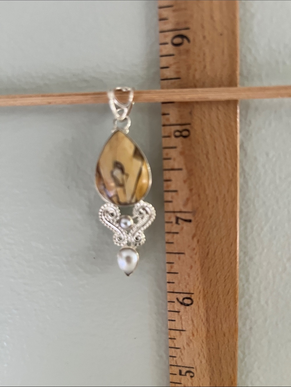 Yellow Teardrop Jasper and Pearl Sterling Pendant - Picture 5 of 5